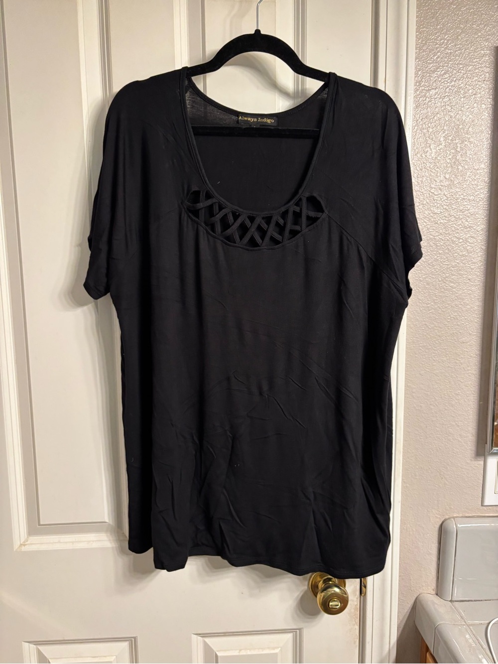 A. Always Lattice Detail Black Short Sleeve Scoop Neck Tee